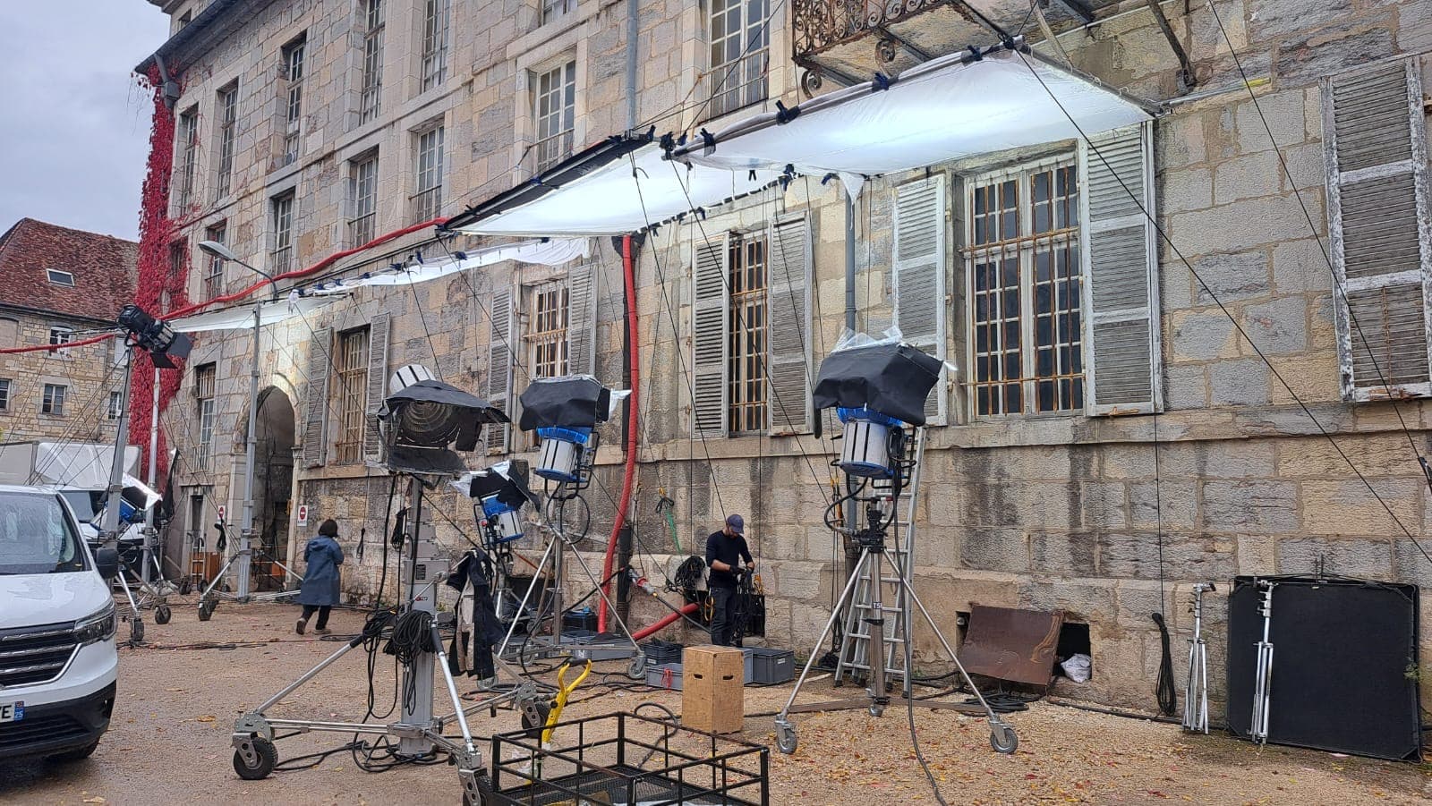 Installation de machinerie et caméra sur un décor extérieur de tournage